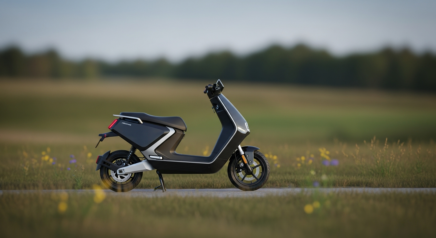 electric scooter A high-tech electric scooter speeding on a sleek test track with a futuristic cityscape background, emphasizing high performance and innovative design, in bright daylight.