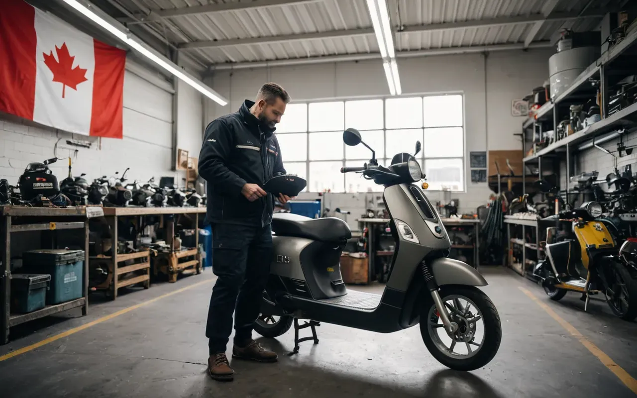 A clean modern industrial workshop setting showing a technician inspecting the mechanical parts of an electric scooter. Bright overhead lighting highlights the tools and components on metal workbenches in a neutral background.