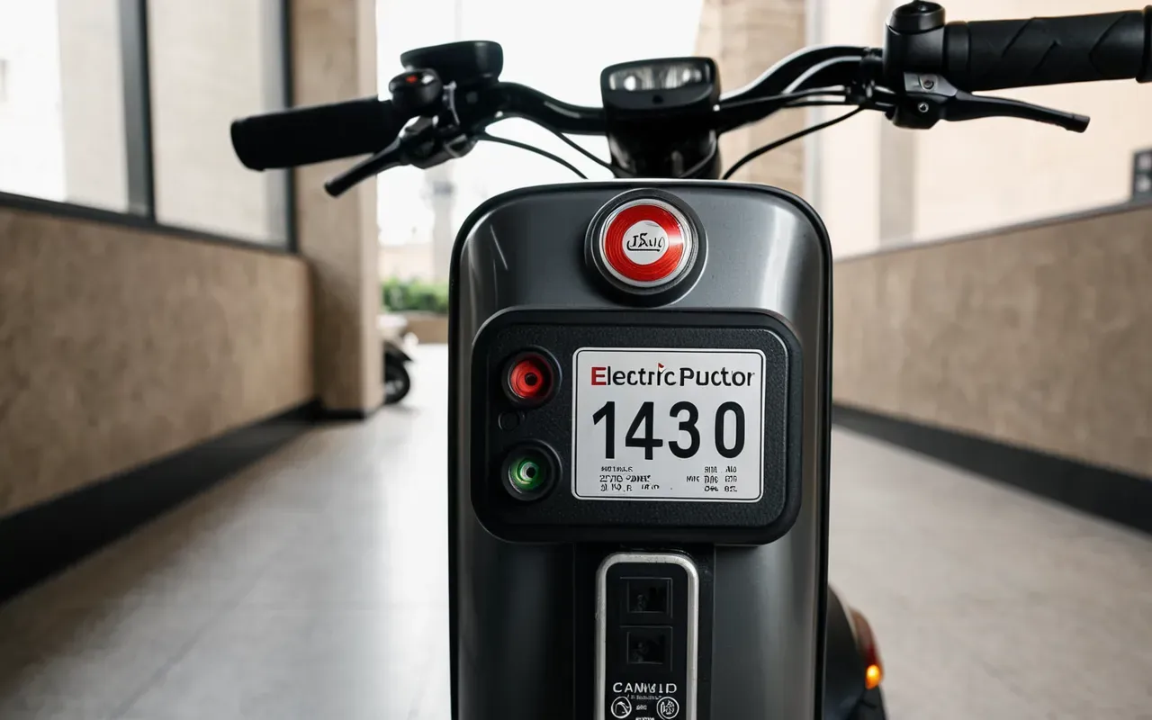 A close-up of an electric scooter battery pack and charging port on a modern scooter in a neutral indoor setting with natural light, no text or labels visible