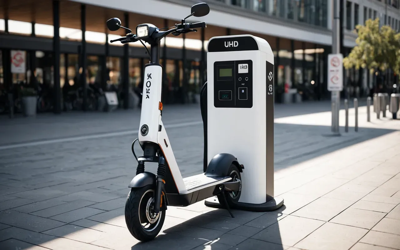 A detailed close-up of a modern electric scooter charging station in an outdoor urban plaza during daytime. The sleek design features metallic finishes and clear digital indicators without any readable text.