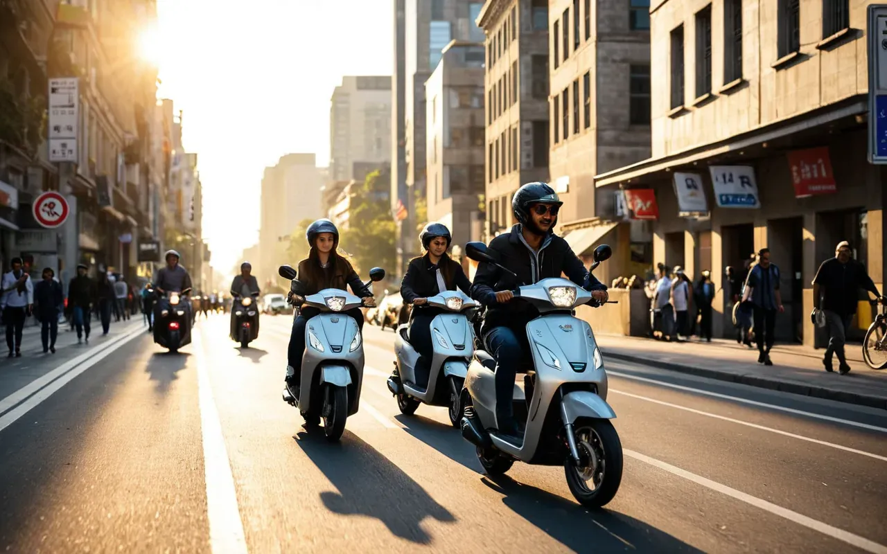 A group of diverse urban commuters riding modern scooters on a wide city boulevard during golden hour, capturing the dynamic energy of two-wheeled transport, no visible text or logos