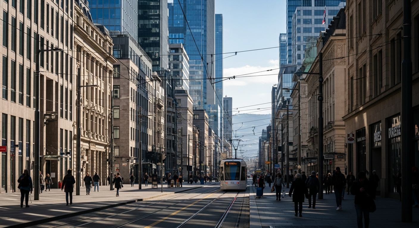 A modern city street with a bustling scooter lane, featuring young riders wearing helmets, digital speedometers, and uniformed traffic authorities monitoring the flow under clear daylight conditions.
