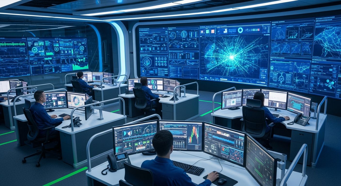 regülasyon kontrolü A modern control room with multiple screens displaying scooter usage data, city maps, and real-time monitoring dashboards, emphasizing regulation and oversight.