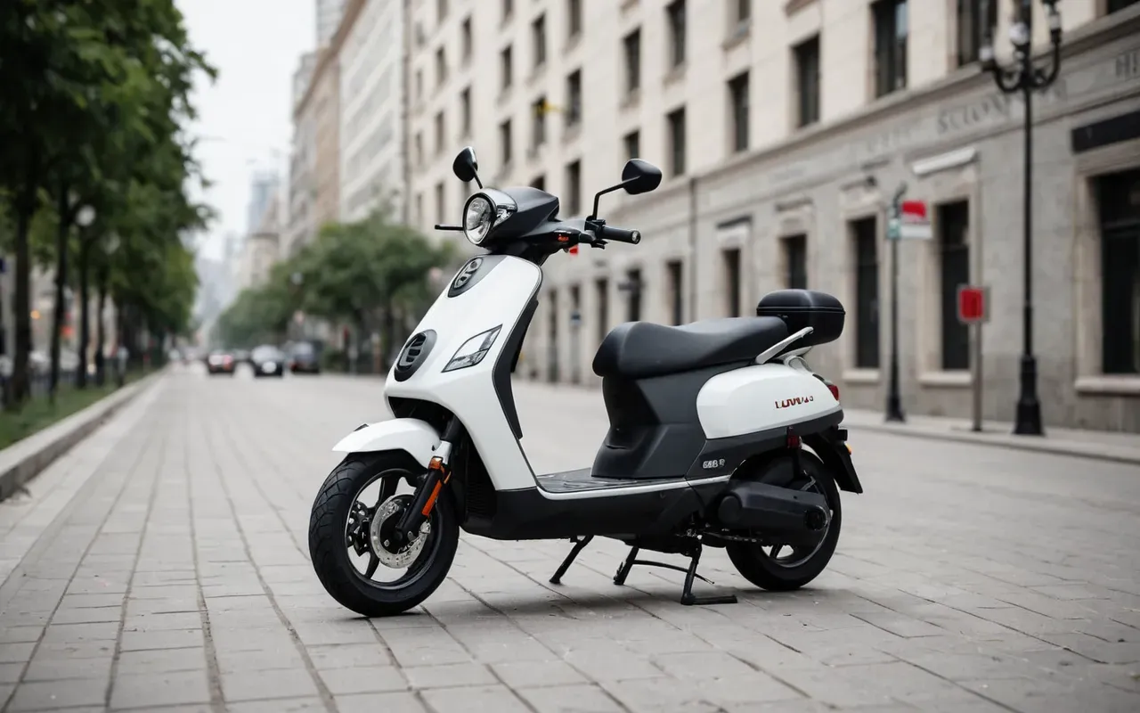 A modern electric scooter parked on a clean concrete path in a generic urban setting with blurred city buildings in the background and soft daylight, no text or signage visible