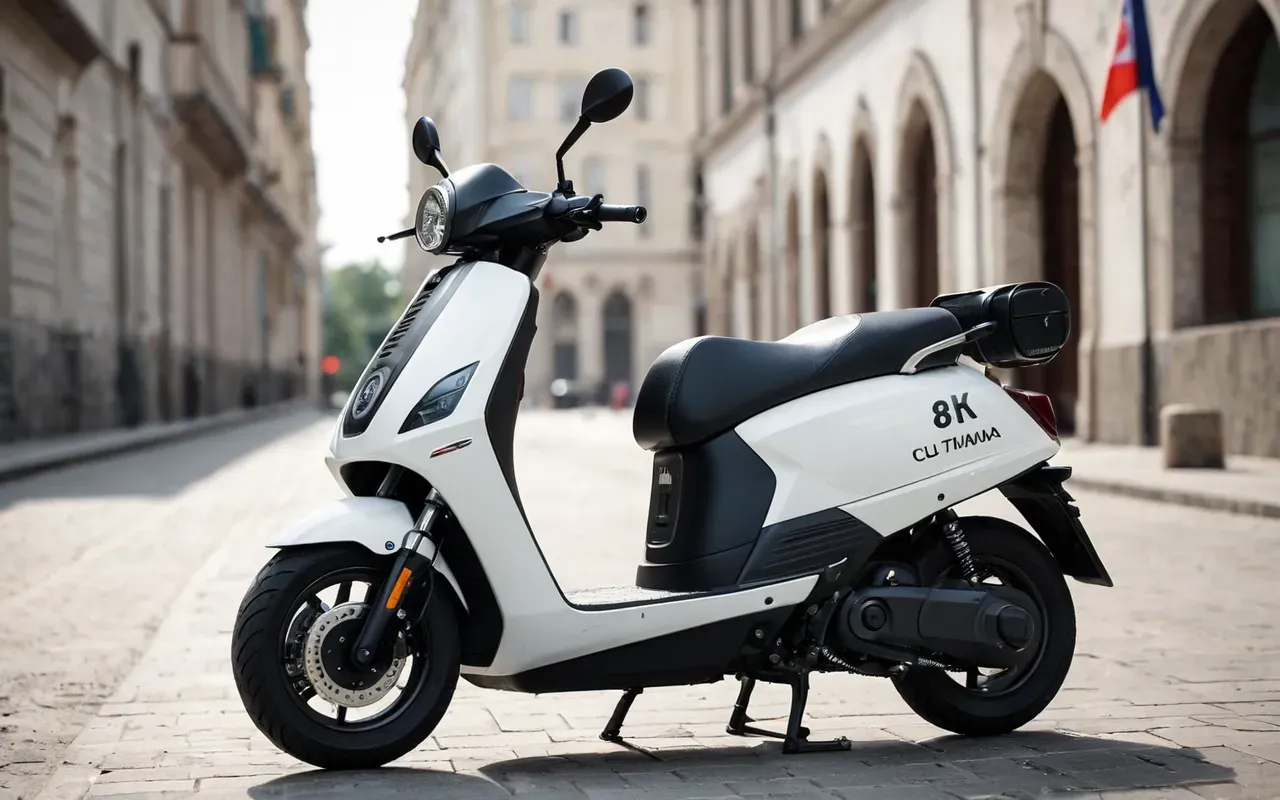 A modern electric scooter parked on a clean concrete path in a generic urban setting with blurred city buildings in the background and soft daylight, no text or signage visible