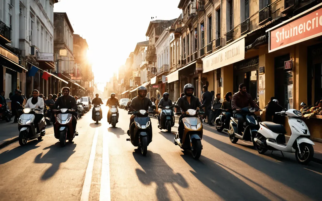 A modern urban street scene at sunset with a diverse group of people riding electric scooters and motorcycles. The lighting is warm and golden hour style, emphasizing the dynamic movement of two-wheeled vehicles in traffic. No text or signs visible.