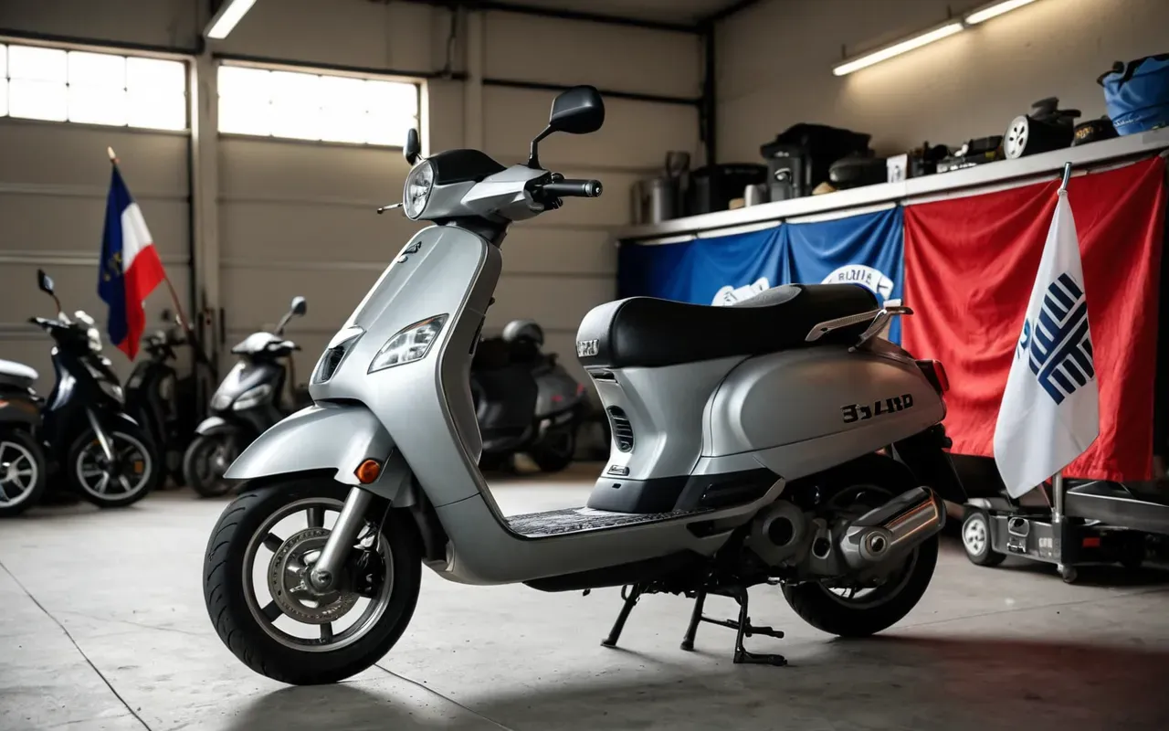 A person carefully cleaning the side panel of a modern scooter with a microfiber cloth in a well-lit garage, focusing on detail and care, no text or branding visible