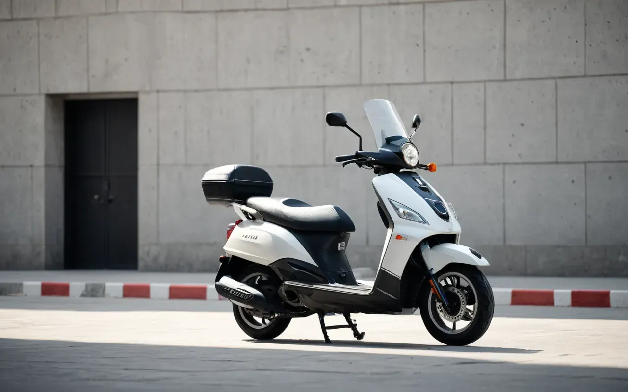 A pristine modern scooter parked on a clean minimalist concrete platform, bathed in soft diffused daylight, highlighting sleek lines and immaculate condition, no text or branding