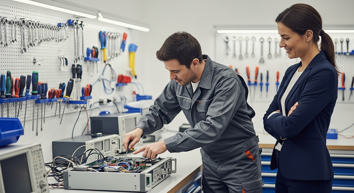 güven A technician providing detailed service support to a happy customer in a modern, well-organized service workshop, reinforcing themes of trust and reliability.