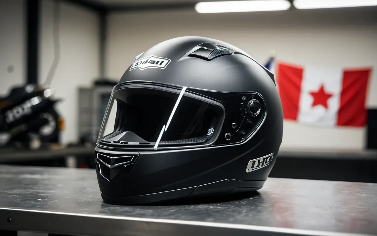 Close-up of a modern matte black motorcycle helmet resting on a clean metal workbench, soft studio lighting, shallow depth of field, editorial photography
