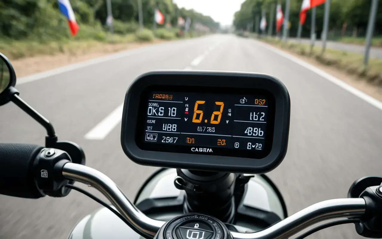 Close-up of a modern scooter dashboard with digital display showing speed, battery level, and navigation, clean interface, modern design