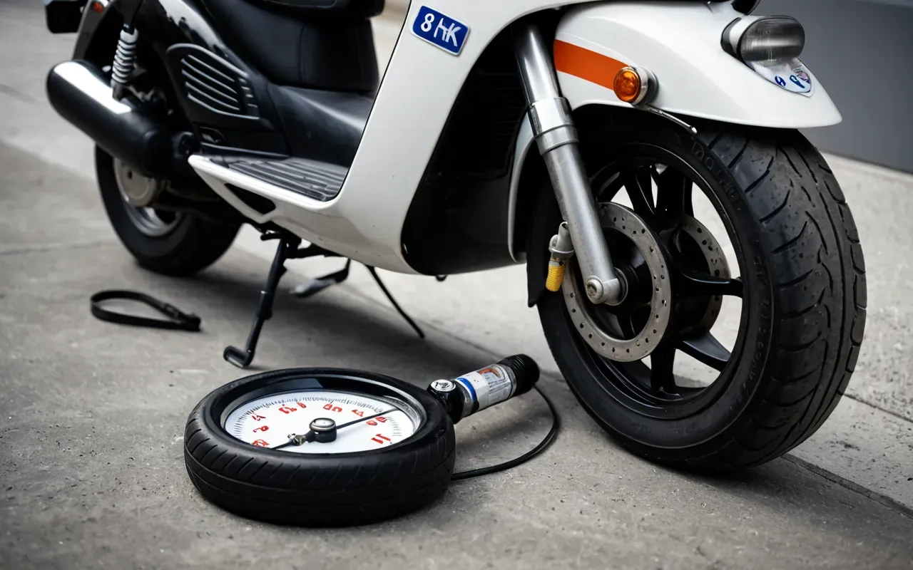Close-up of a modern scooter maintenance setup on a clean concrete surface with tools, oil, and tire pressure gauge, soft natural lighting, professional workshop atmosphere