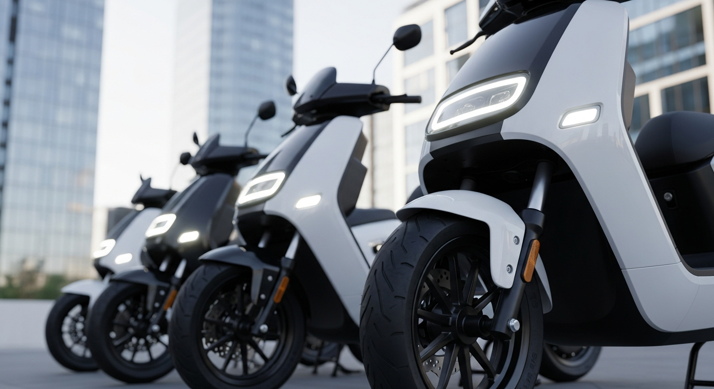 teknolojik yenilikler Close-up of modern electric scooter models in a sleek design, set against a cityscape, emphasizing innovation and technological sophistication