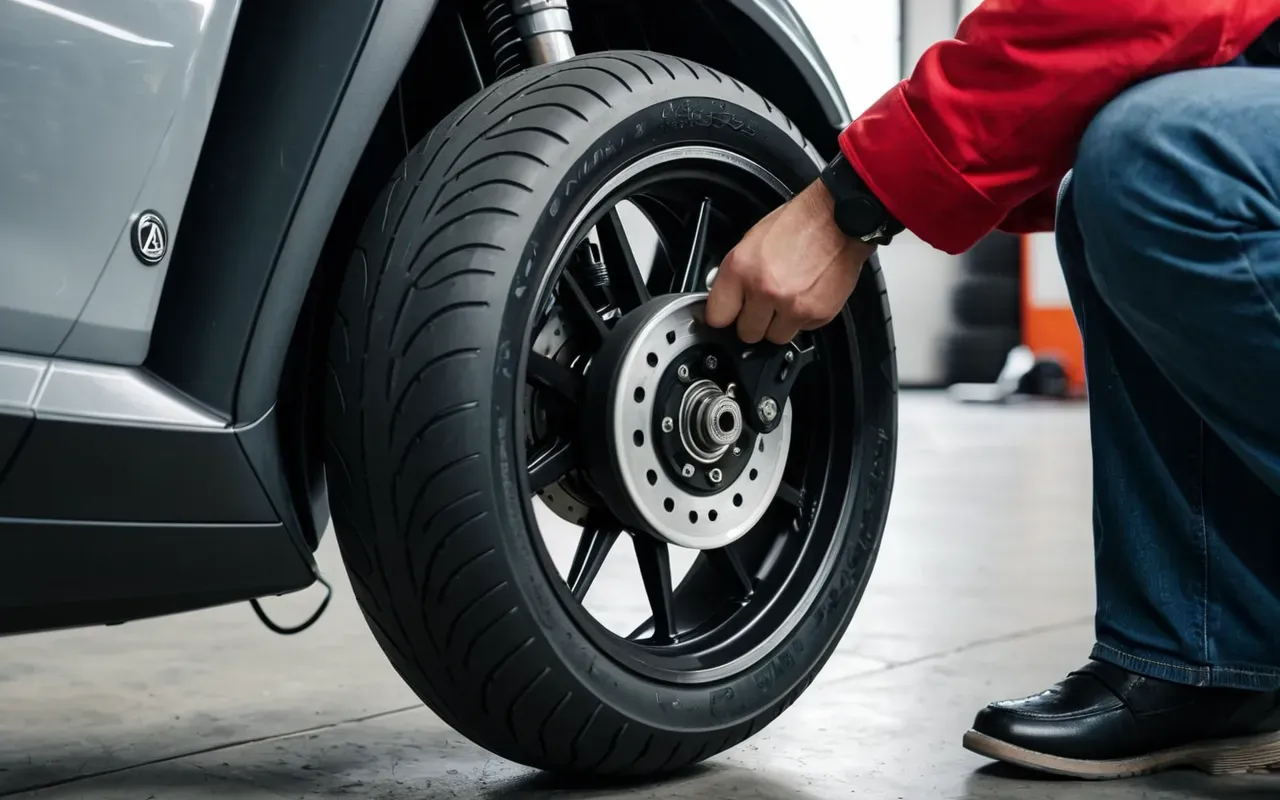 Close-up shot of a mechanic checking the tire pressure on a modern electric scooter in a clean workshop, soft natural lighting, detailed view of the air gauge and tire tread