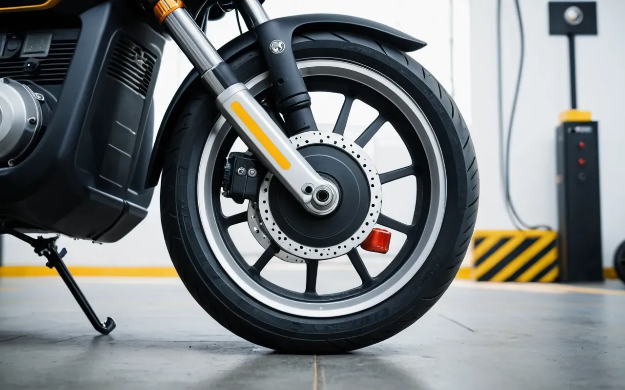 Close-up shot of a modern electric scooter wheel and brake system on a clean workshop floor, bright overhead lighting, shallow depth of field, editorial photography style