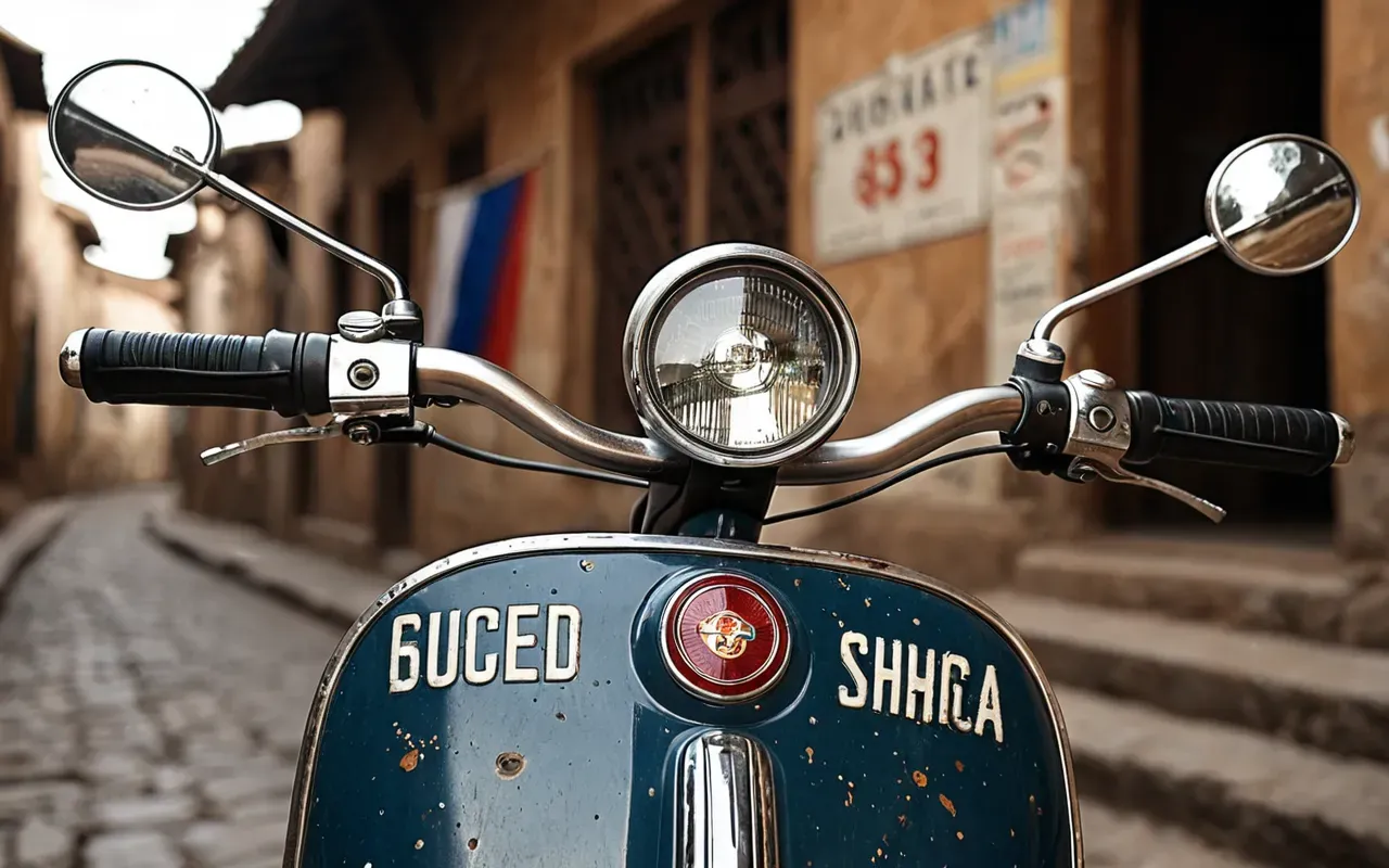 Close-up shot of a vintage scooter's metallic handlebars showing signs of neglect, with rust spots and faded paint, set against a blurred modern city street background, soft natural lighting