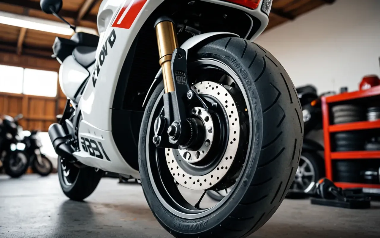 Detailed view of a scooter brake lever and disc mechanism in a well-lit garage, focus on the brake pads and caliper, neutral background