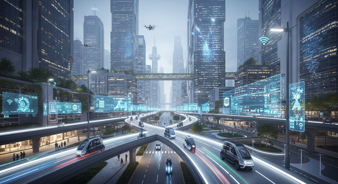 güvenlik ve teknolojik gelişmeler Futuristic cityscape with electric scooters gliding on dedicated lanes, smart infrastructure elements, and digitally connected vehicles, illuminated by early evening lights.
