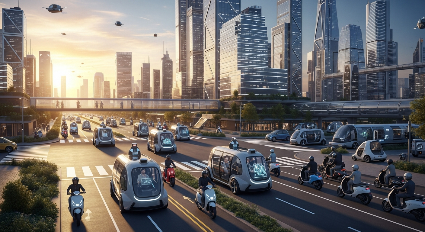 gelecek ulaşım Futuristic urban scene showcasing autonomous vehicles and electric scooters moving through a smart city landscape at sunset, emphasizing modern mobility.