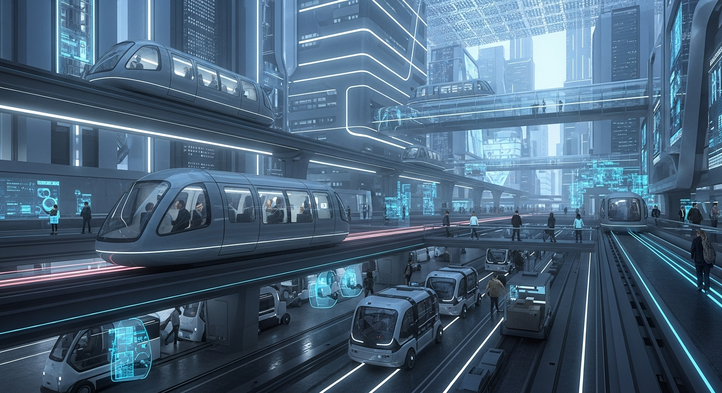 yeni ulaşım teknolojileri Futuristic urban transit scene showing autonomous electric scooters navigating smart city streets, digital signage, and green spaces