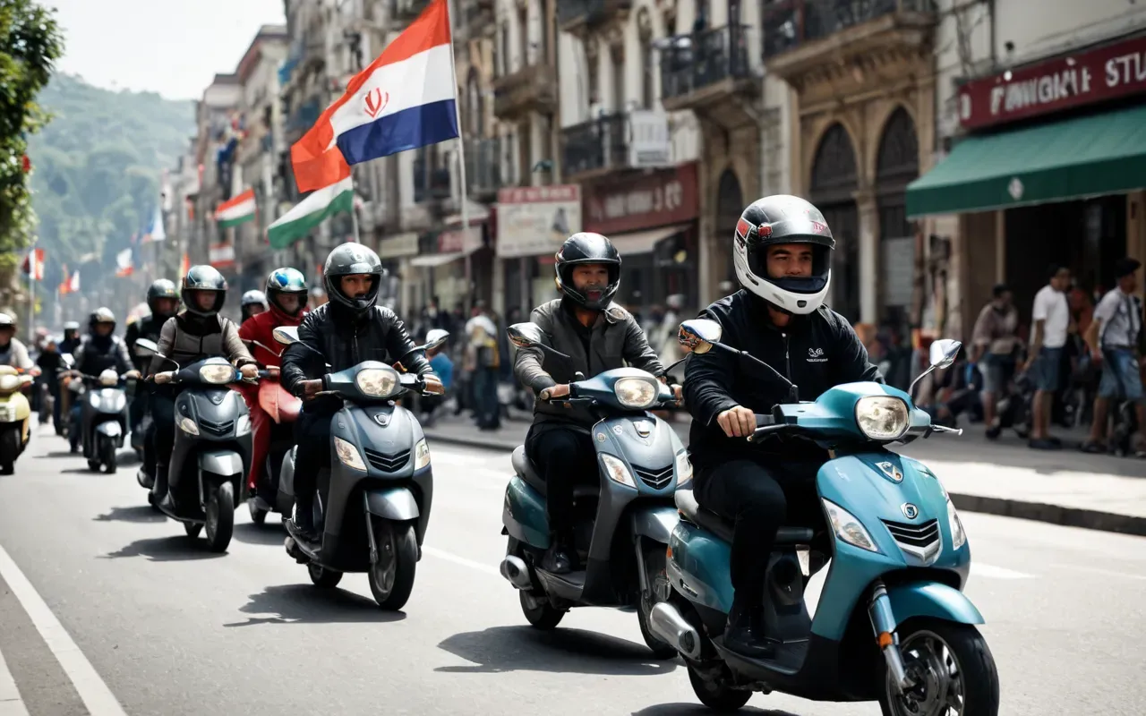 Group of scooter riders navigating a modern city street during daytime, wearing helmets, clean urban background, editorial photography style