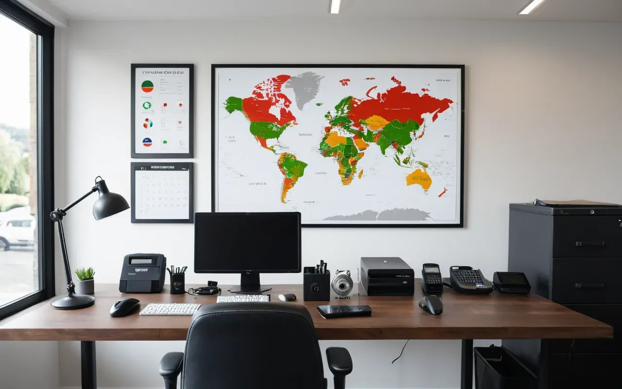 Minimalist desk setup with a calculator, printed price comparison sheet, and a modern electric scooter brochure, clean office lighting