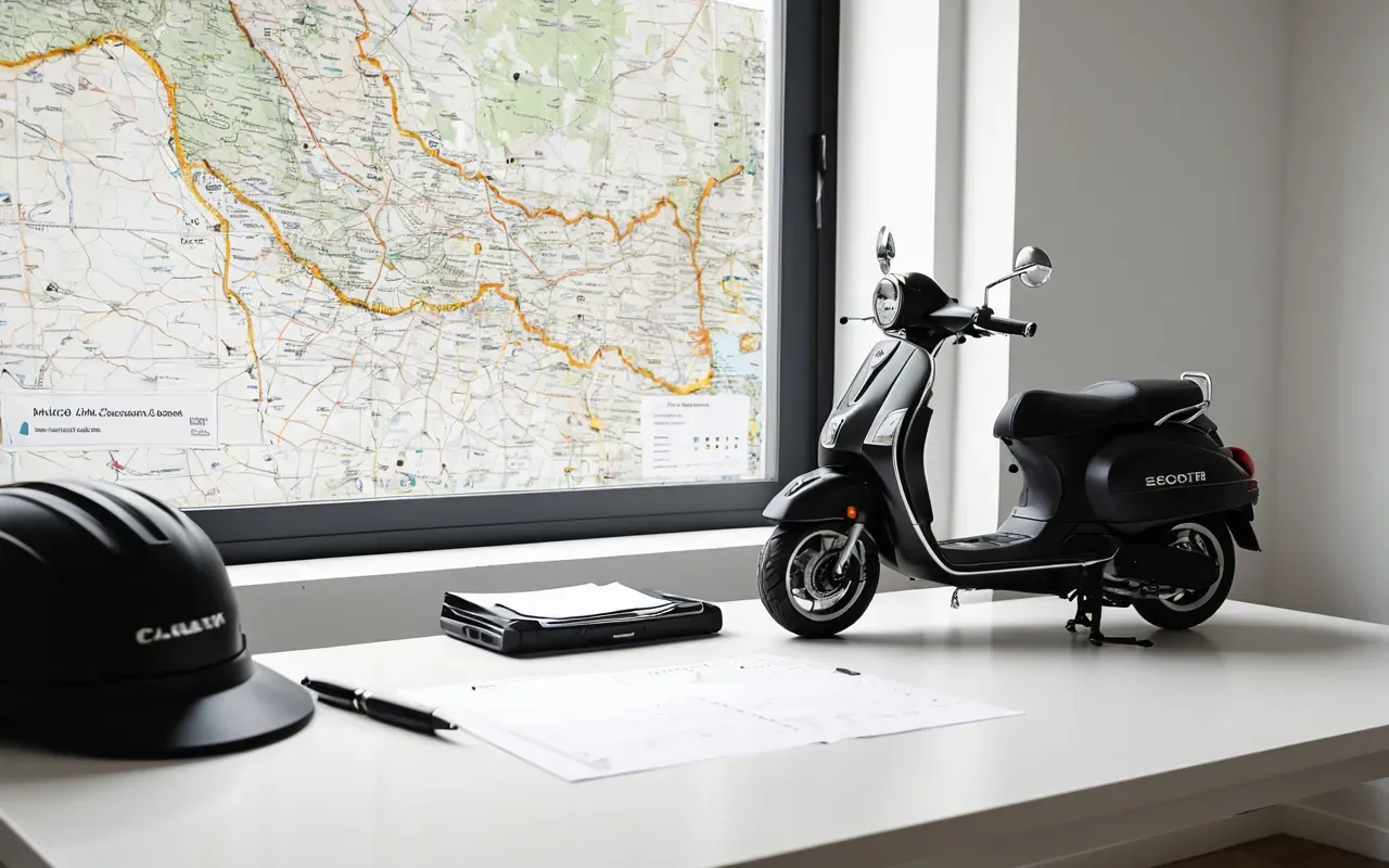 Minimalist flat lay of scooter insurance documents and a pen on a clean white desk, natural daylight from side window, soft shadows, professional editorial style