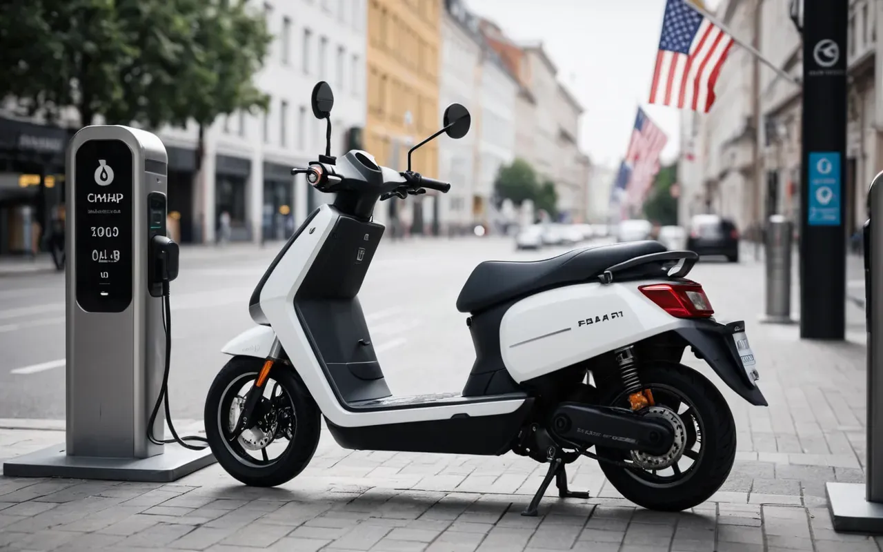 Modern electric scooter charging at a sleek urban charging station, soft daylight, clean minimalist design, blurred city background