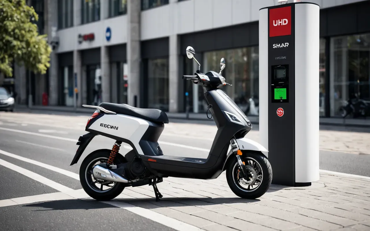 Modern electric scooter charging station in a clean urban environment, with soft daylight illuminating the sleek design, no text or branding visible, minimalist composition