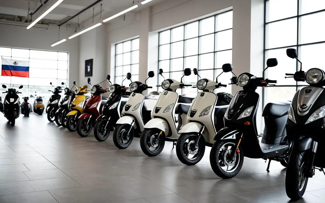 Person comparing two different scooter models in a clean modern showroom with large windows, neutral color palette, professional lighting