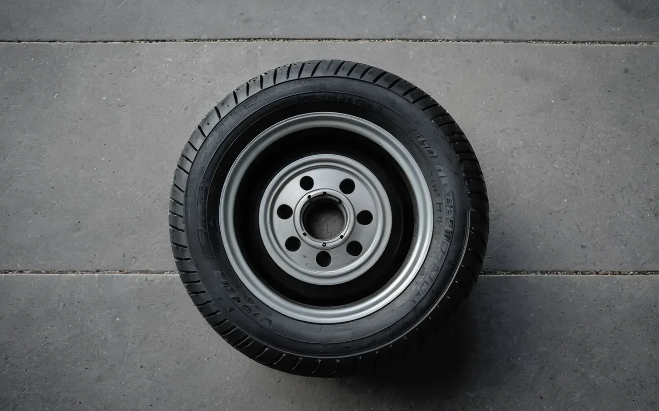 Top-down view of a modern scooter tire with tread pattern on a neutral gray concrete surface, soft diffused lighting, clean editorial composition, no text