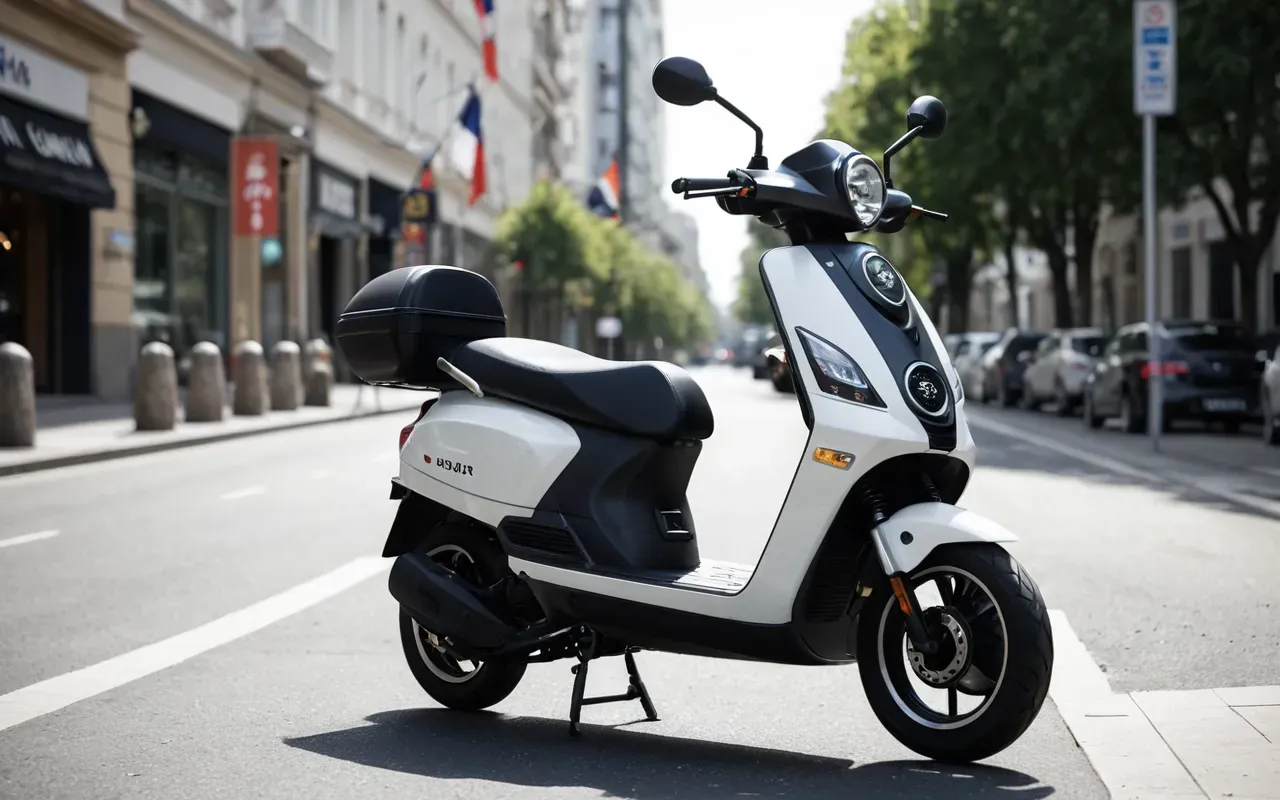 Wide shot of a sleek modern electric scooter parked on a clean city sidewalk with blurred traffic in the background, natural daylight, minimalist urban setting