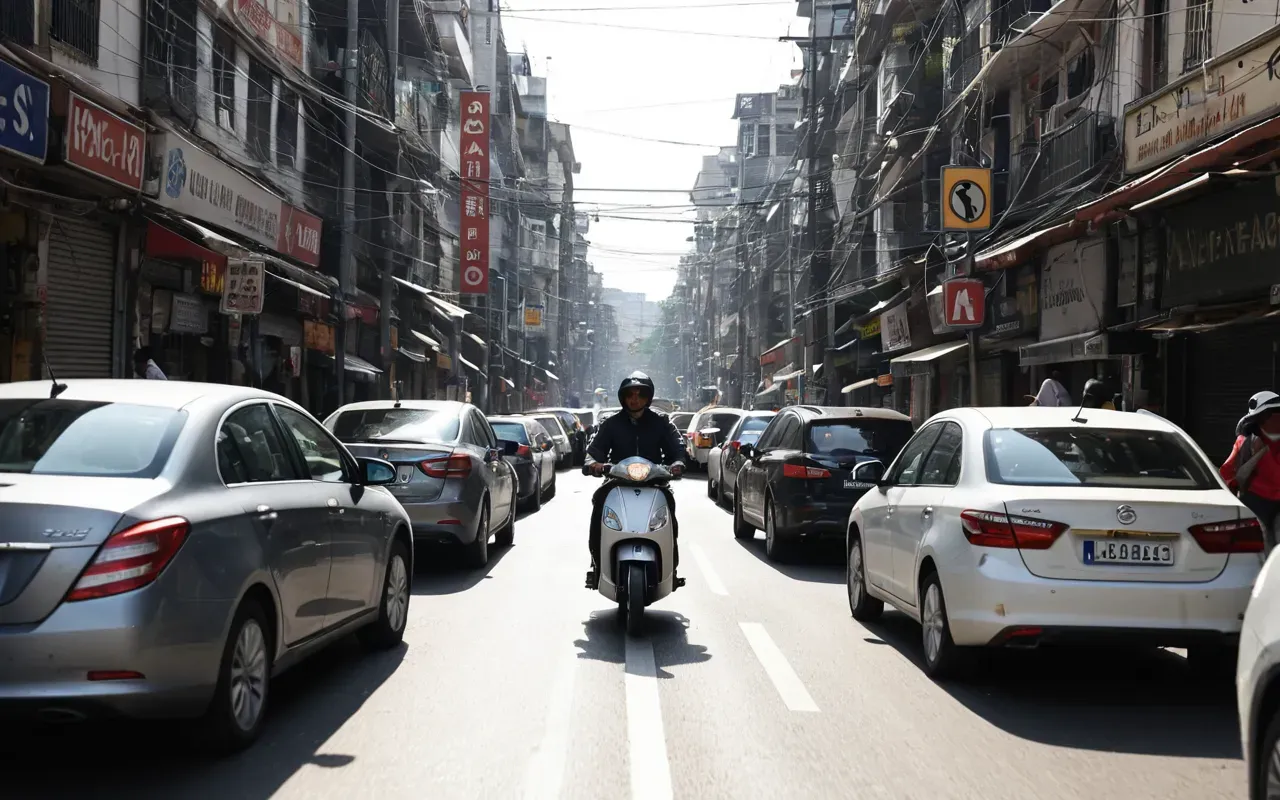 elektrikli scooter trafiği A busy city street with heavy traffic congestion and a person riding an electric scooter through the gap between cars under bright daylight.