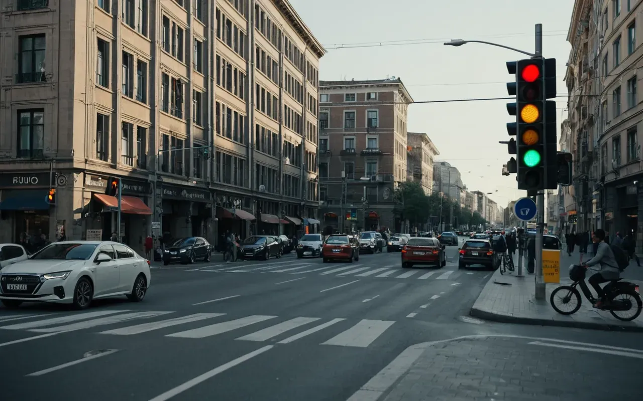 A busy urban intersection with multiple traffic lights and a mix of vehicles including cars, bicycles, and electric scooters. The scene is captured from street level showing the complexity of shared road space during evening rush hour with artificial city lighting illuminating the wet asphalt surface.