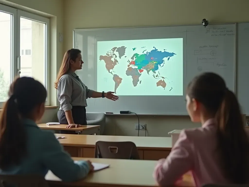 sınıf içi trafik eğitimi A classroom setting where a teacher is showing traffic safety concepts to students using visual aids. No text visible on posters or boards.