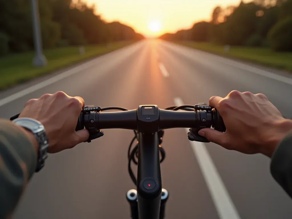 A close-up of hands firmly gripping the handlebars of a modern electric scooter on a smooth asphalt road at sunset.