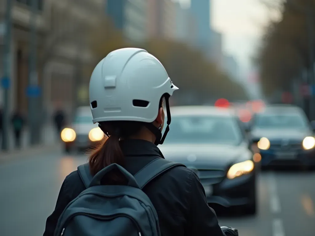 kask takan elektrikli scooter sürücüsü A close-up shot of a person wearing a white safety helmet while sitting on an electric scooter. The background shows blurred city traffic with cars moving slowly.