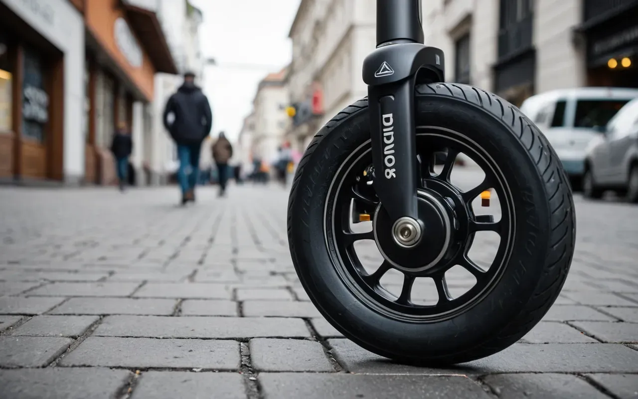 A close-up shot of an electric kick scooter wheel on a paved urban sidewalk with blurred pedestrians in the background during daytime. The focus is sharp on the black rubber tire and silver metal frame components, highlighting the texture of the asphalt surface under natural sunlight.