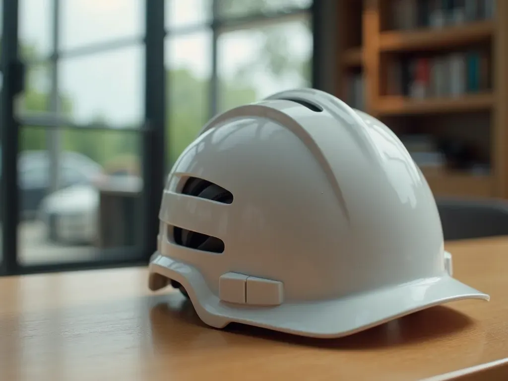 A close-up view of a modern safety helmet resting on a smooth wooden table. The helmet features ventilation slots and a secure chin strap. Natural daylight illuminates the scene from the side. The background is softly blurred to emphasize the helmet. No branding, text, or people are visible.