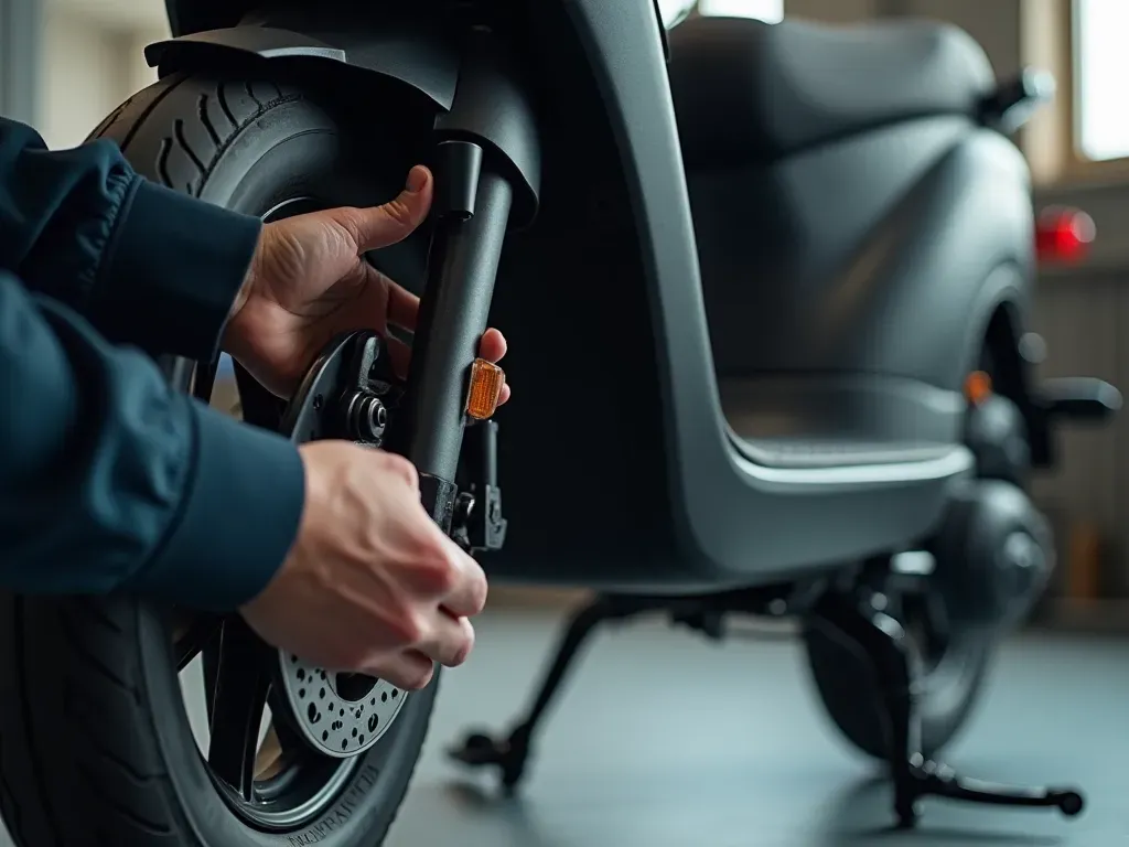 A close up view of a technician hands carefully checking the suspension springs and wheel alignment on a modern electric scooter inside a well lit workshop. Tools and measurement gauges rest on a clean metal workbench nearby. The background is softly blurred showing organized storage racks and bright neutral colored walls. The atmosphere is precise and technical.