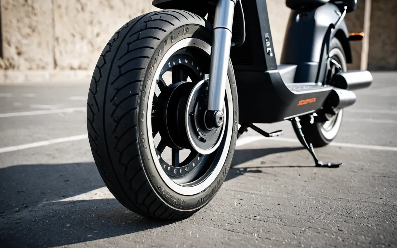 scooter fren sistemi A close up view of an electric scooter brake system and tire on a clean concrete surface showing detailed mechanical components without any text.