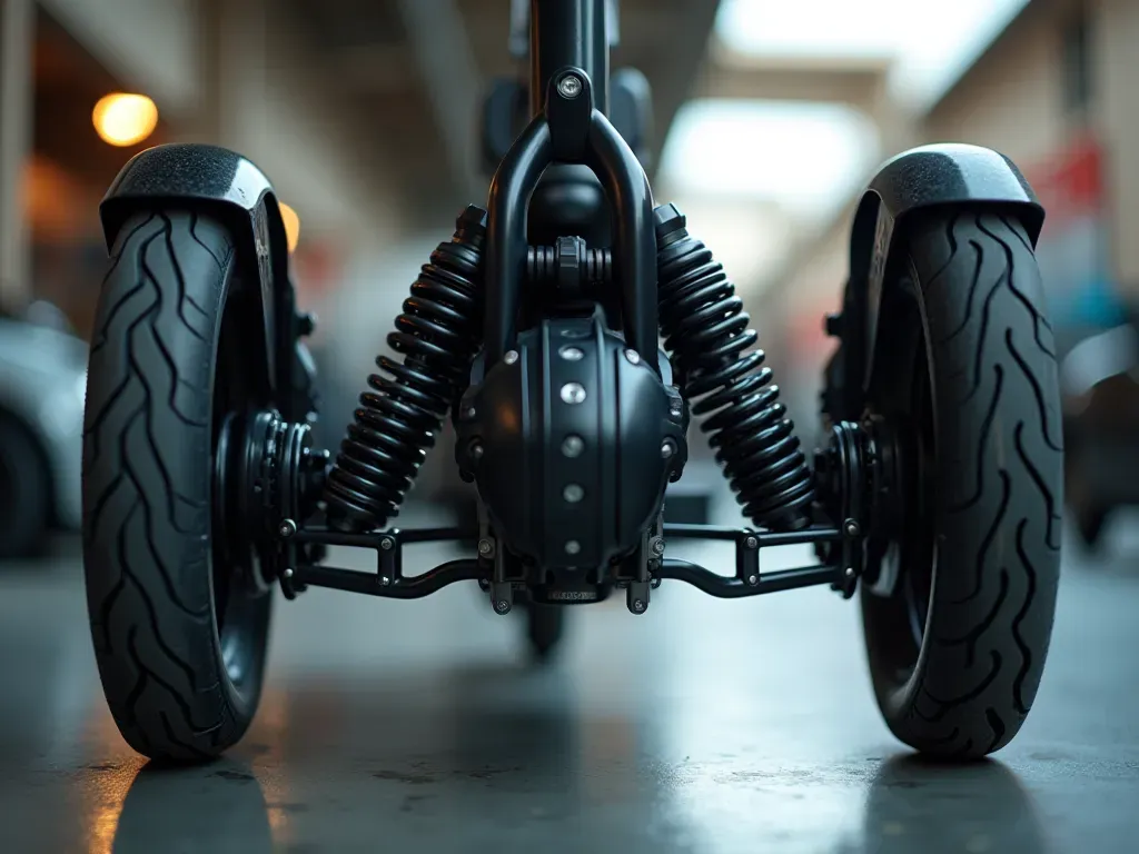 A close-up view of the rear suspension system and pneumatic tires on a modern three-wheeled electric scooter showing detailed mechanical parts in a bright garage setting.