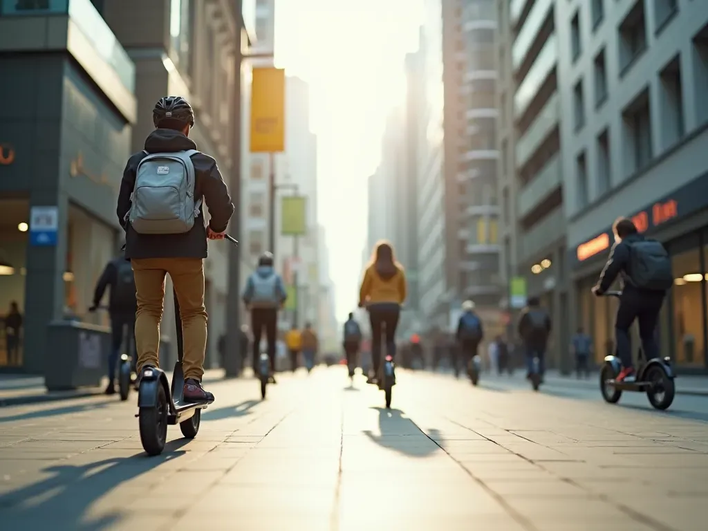 A futuristic cityscape with people riding electric scooters and bicycles on a clean wide sidewalk.