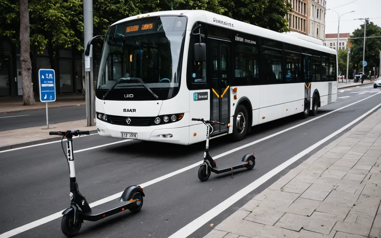 A modern city bus stop with a clean white electric bus in the background and several parked shared kick scooters lined up neatly on the sidewalk. The scene is captured during late afternoon with soft golden hour lighting casting long shadows across the concrete pavement.