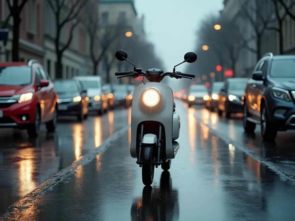 A modern city street during a rainy afternoon with wet asphalt reflecting the headlights of a three-wheeled electric scooter moving smoothly past parked cars and busy pedestrians.