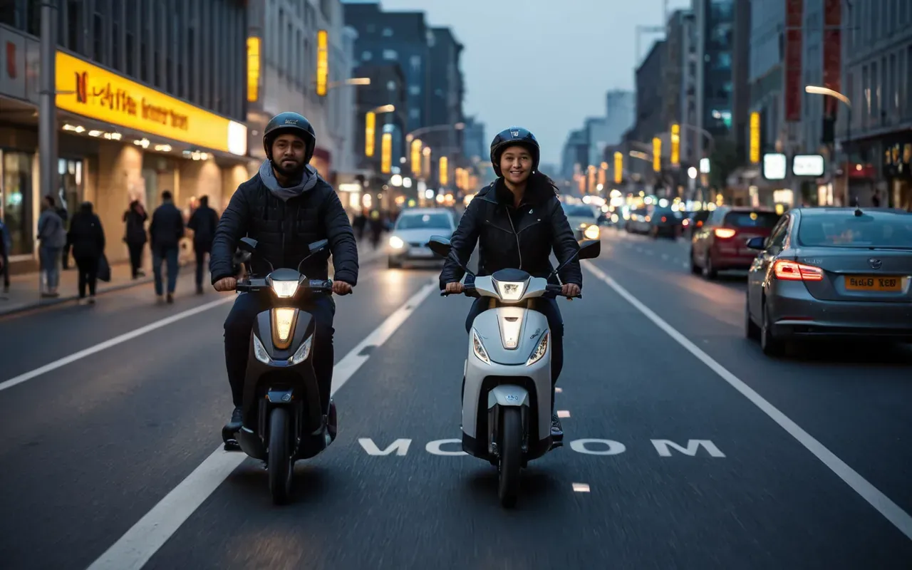 A modern city street scene at dusk featuring several people riding electric scooters safely on a dedicated lane, with blurred background traffic and illuminated buildings.