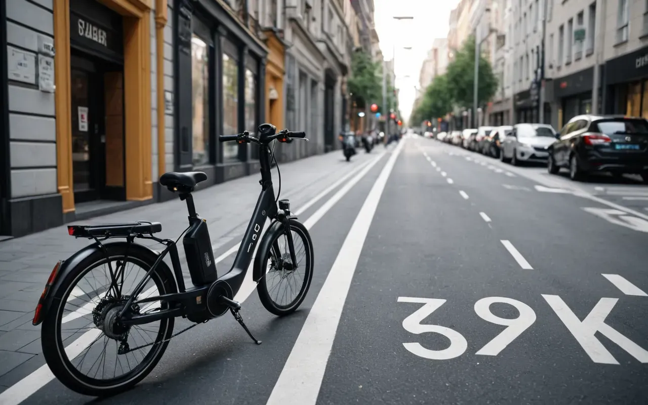 A modern city street with a clear bicycle lane and an electric scooter parked on the side. The scene is well-lit with natural light, showing a clean and organized urban environment.
