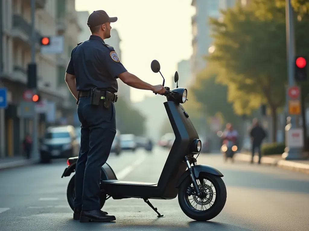 A modern city street with a traffic officer standing next to an electric scooter under bright daylight. The scene is neutral and professional without any specific cultural markers.