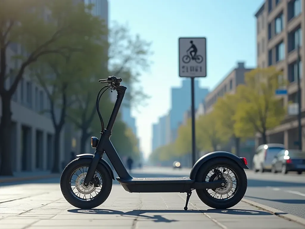 elektrikli scooter bisiklet yolu A modern electric scooter parked on a city sidewalk next to a bicycle lane sign. The scene is brightly lit with natural daylight showing clear blue skies and urban infrastructure in the background.