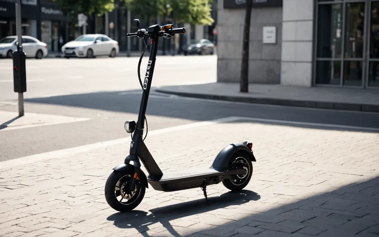 A modern electric scooter parked on a clean city sidewalk with smooth pavement, soft afternoon sunlight creating long shadows, minimalist urban background.
